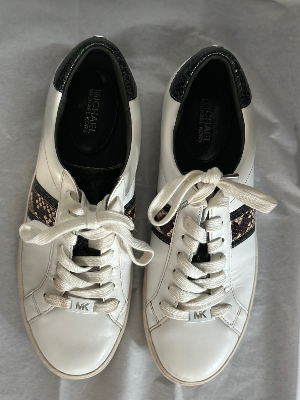 Michael Kors White Leather Sneakers with Dark Green & Snakeskin Trim